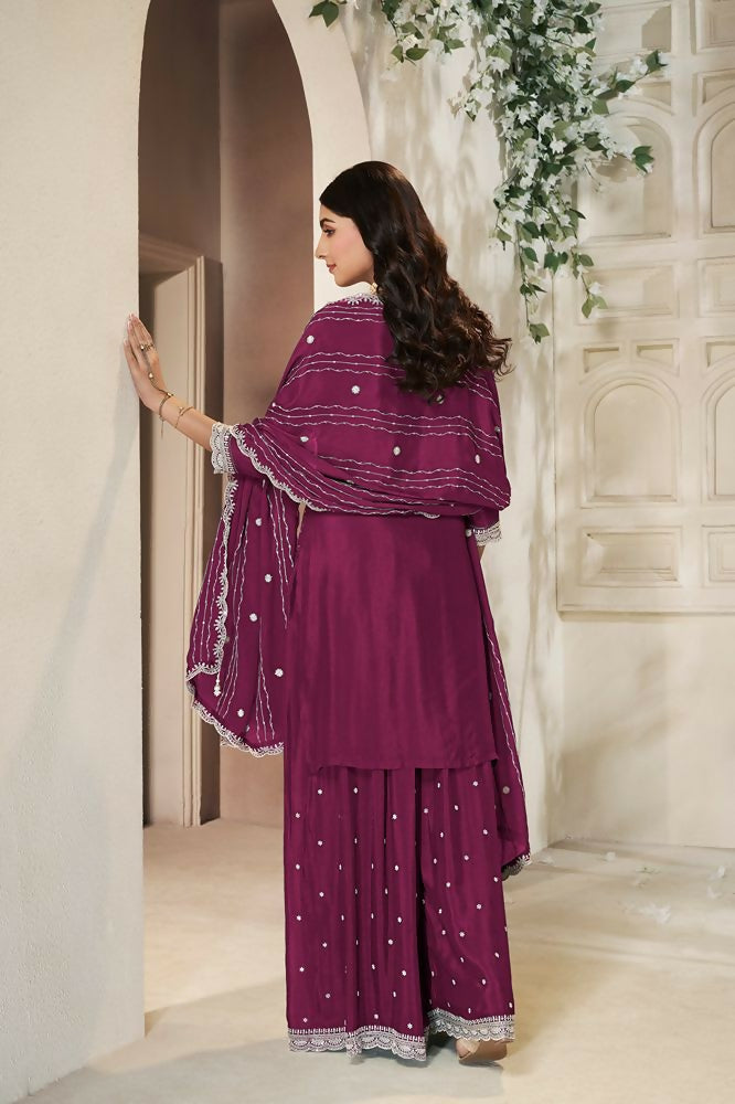 Ethnic Festive Wear Premium Chinon Fabric Wine Stitched Suit With Dupatta-Zeeya | Grocsy