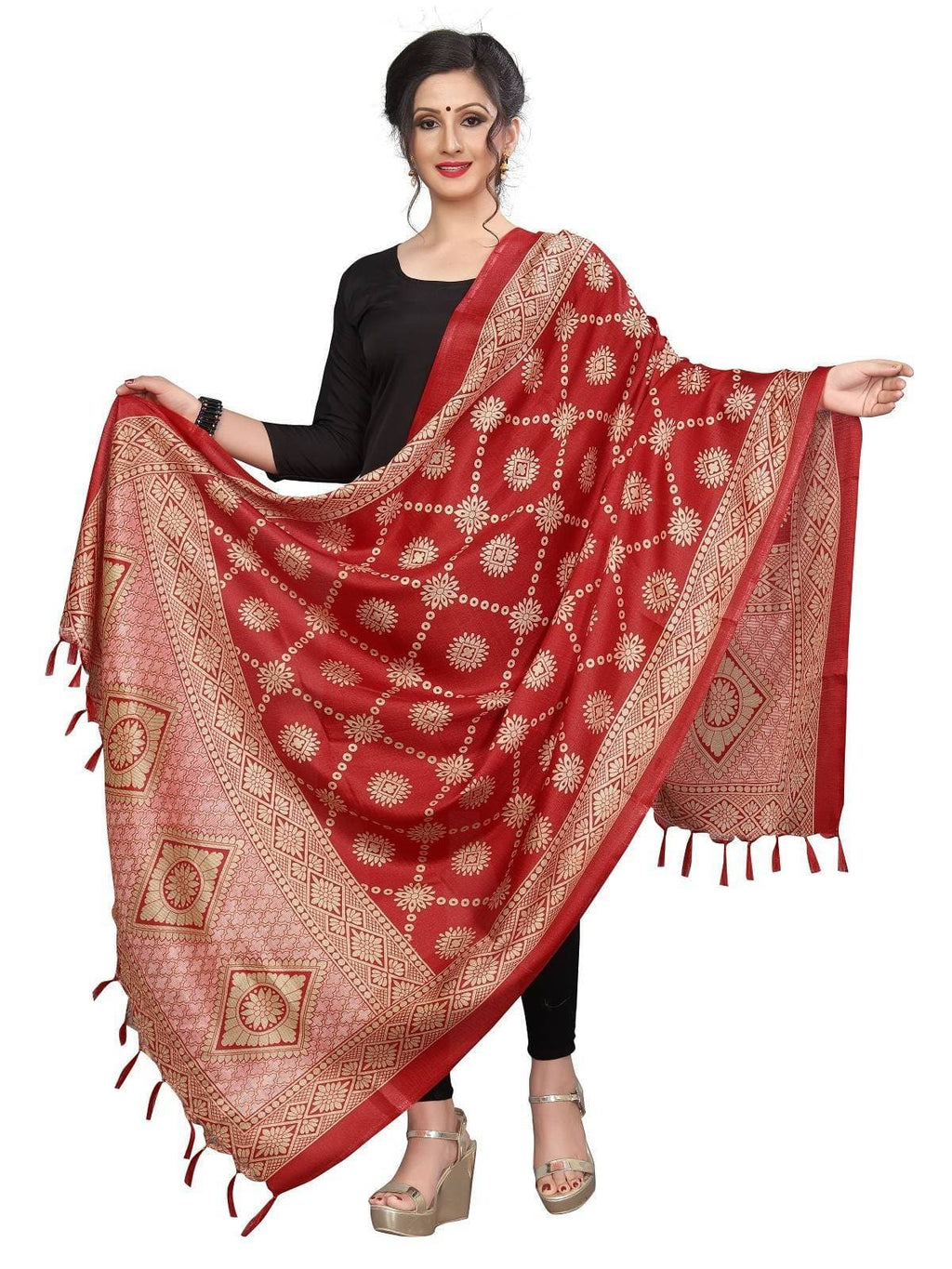 Vamika Traditional Wear Red Printed Khadi Bhagalpuri Dupatta | Grocsy