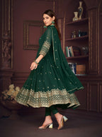 Jyoti Fashion Women's Golden & Bottle Green Georgette Embroidered Anarkali Kurta Pant Set With Dupatta | Grocsy