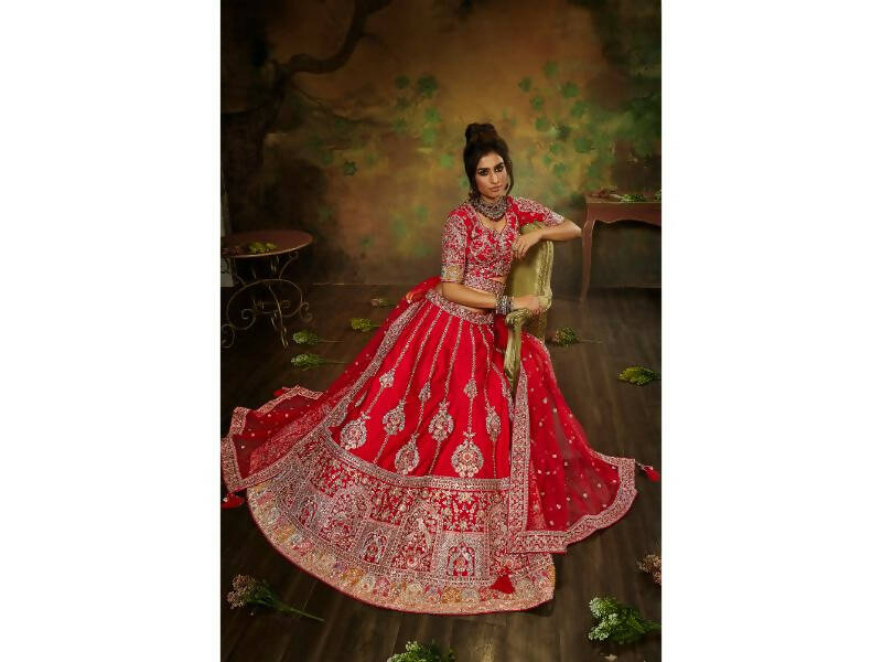 House of Panchhi Red Pure Silk Moti & Zarkan heavy embroidery Lehenga choli & Dupatta | Grocsy