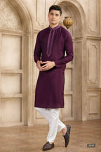 Raivat Ethnic Banarasi Art Silk Mirror Work Kurta Pajama In Wine Colour | Grocsy