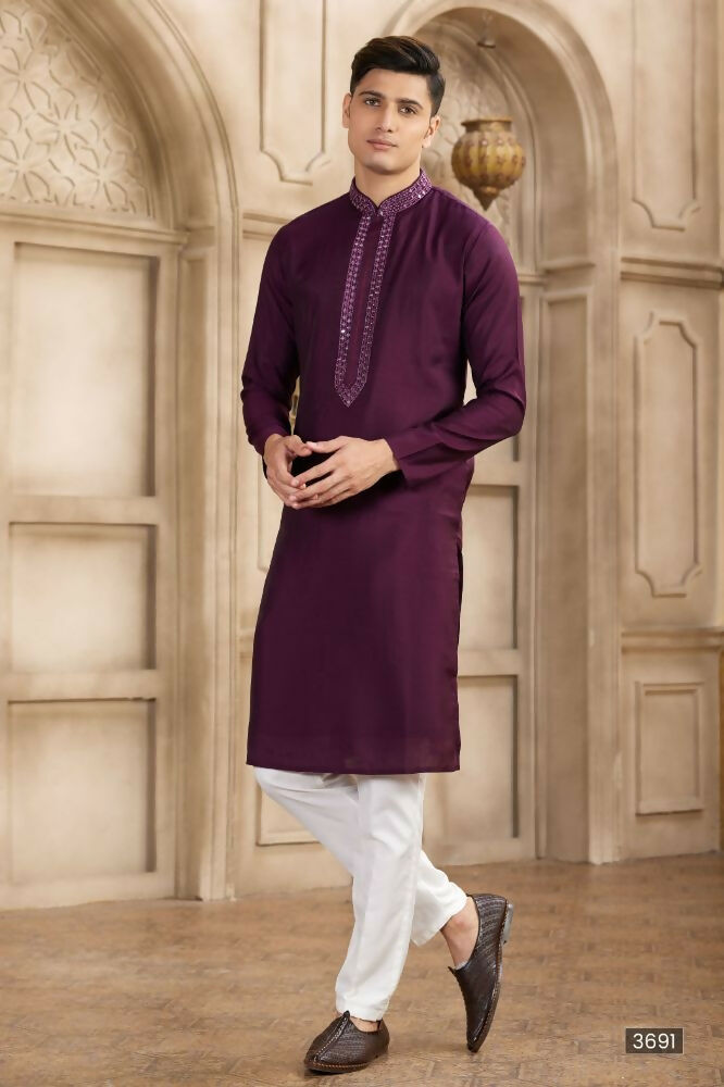 Raivat Ethnic Banarasi Art Silk Mirror Work Kurta Pajama In Wine Colour | Grocsy