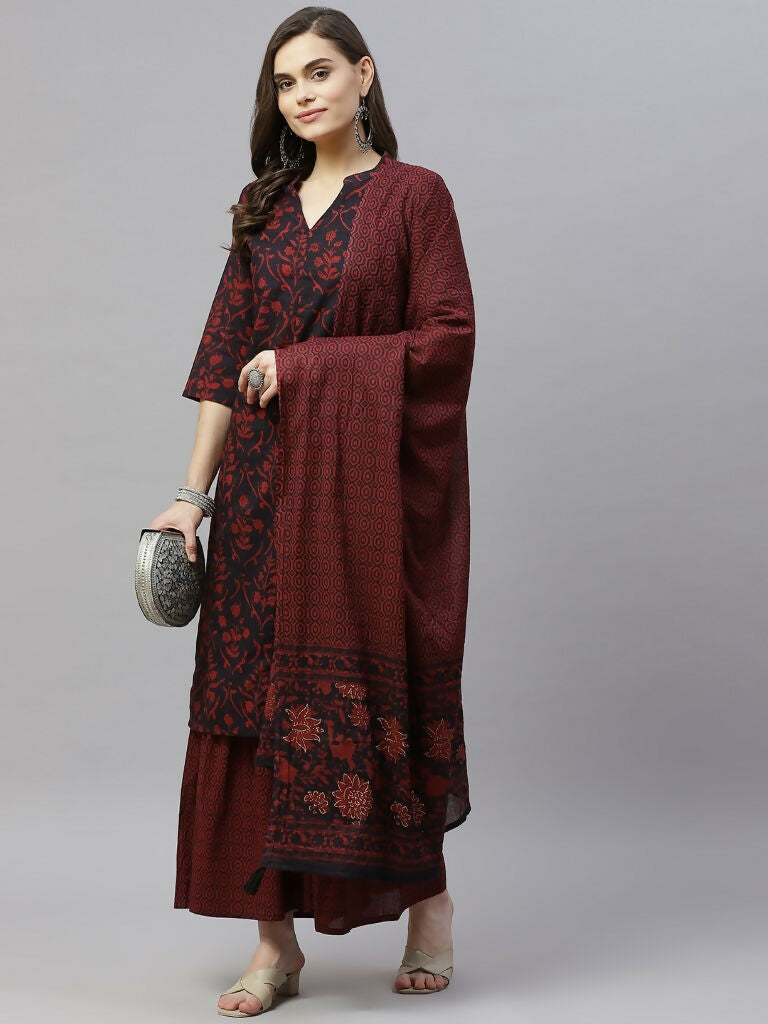 Miravan Women's Cotton Floral Print Straight Kurta Sharara And Dupatta Set | Grocsy