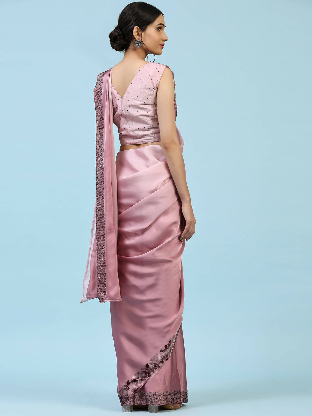 Purple Ombre Satin Georgette Plain Ready to wear Saree with stitched Blouse - Vrinda | Grocsy