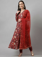 FIORRA Women's Maroon Pure Cotton Flared Kurta Pant With Dupatta | Grocsy