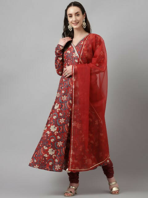 FIORRA Women's Maroon Pure Cotton Flared Kurta Pant With Dupatta | Grocsy
