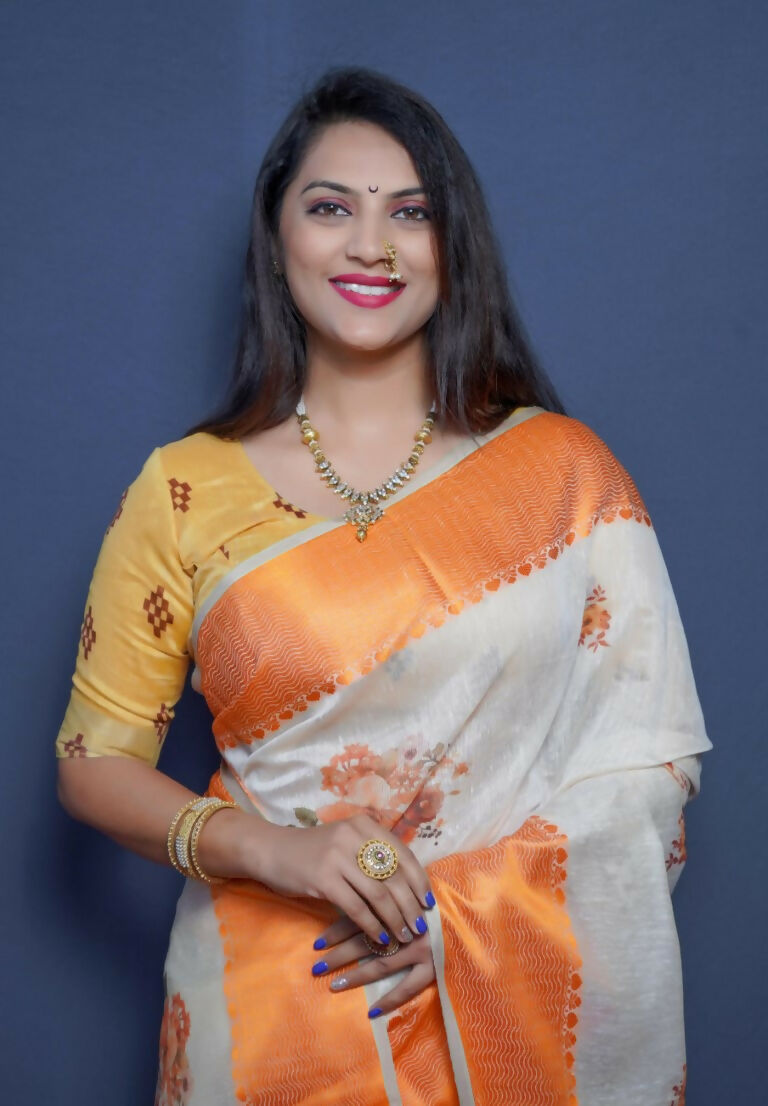 Jyoti Fashion Women's Orange Linen Silk Digital Print with Jacquard Woven Border Saree with Blouse | Grocsy