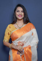 Jyoti Fashion Women's Orange Linen Silk Digital Print with Jacquard Woven Border Saree with Blouse | Grocsy