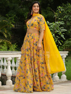 Janasya Yellow Georgette Floral Lehenga Choli Dupatta | Grocsy