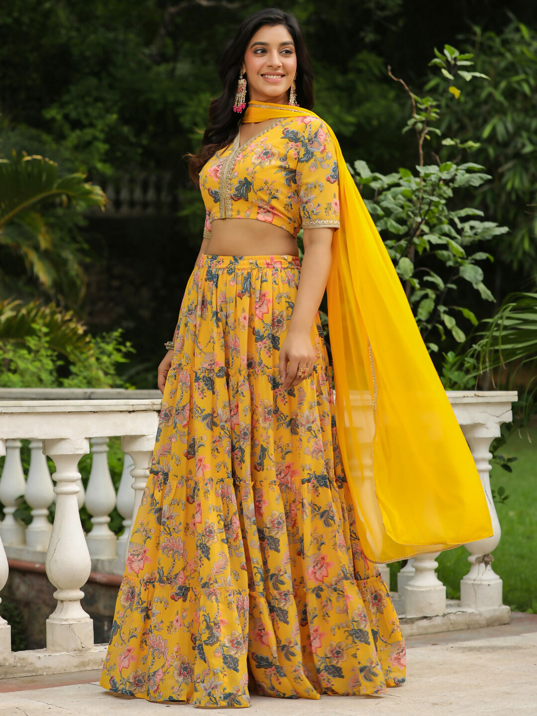 Janasya Yellow Georgette Floral Lehenga Choli Dupatta | Grocsy