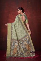 Pista Green Poly Habotai Silk Foil Print Saree with Unstitched Blouse - Kathari | Grocsy