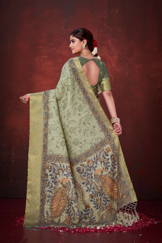 Pista Green Poly Habotai Silk Foil Print Saree with Unstitched Blouse - Kathari | Grocsy