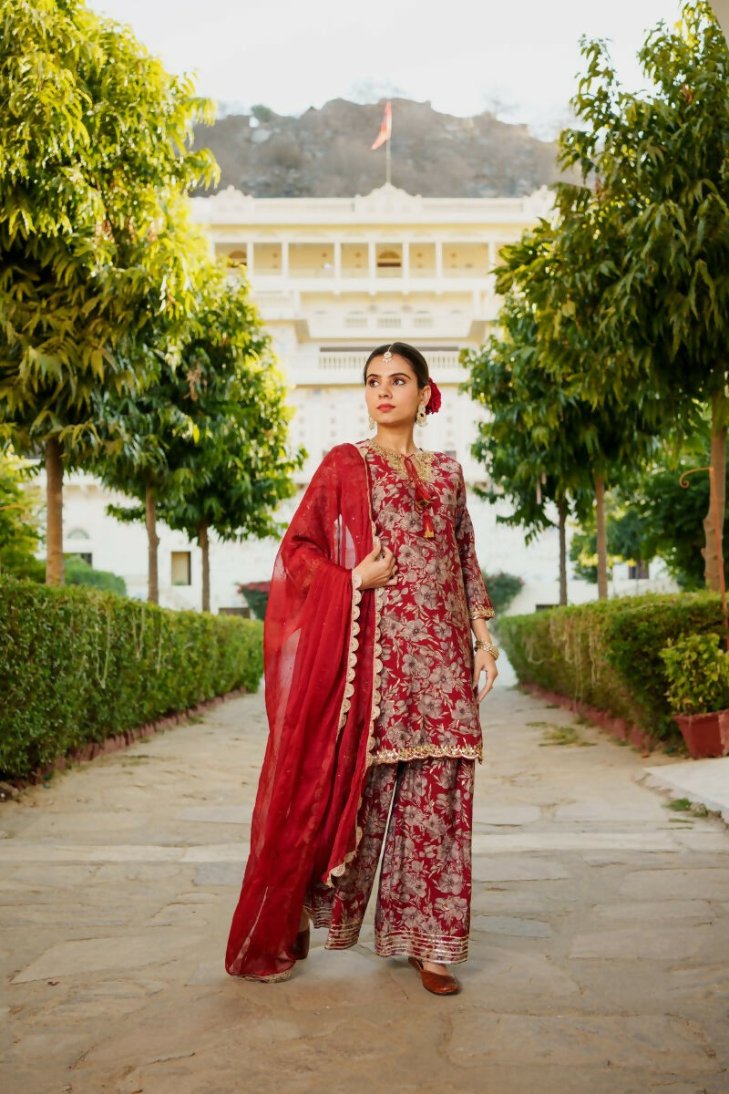 Vaasva Women Maroon Muslin Floral & Embroidered Cut Work Kurta ,Sharara & Dupatta set | Grocsy