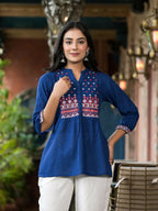 Juniper Women's Blue Solid Cotton Short Tunic With Thread & Mirror Work | Grocsy