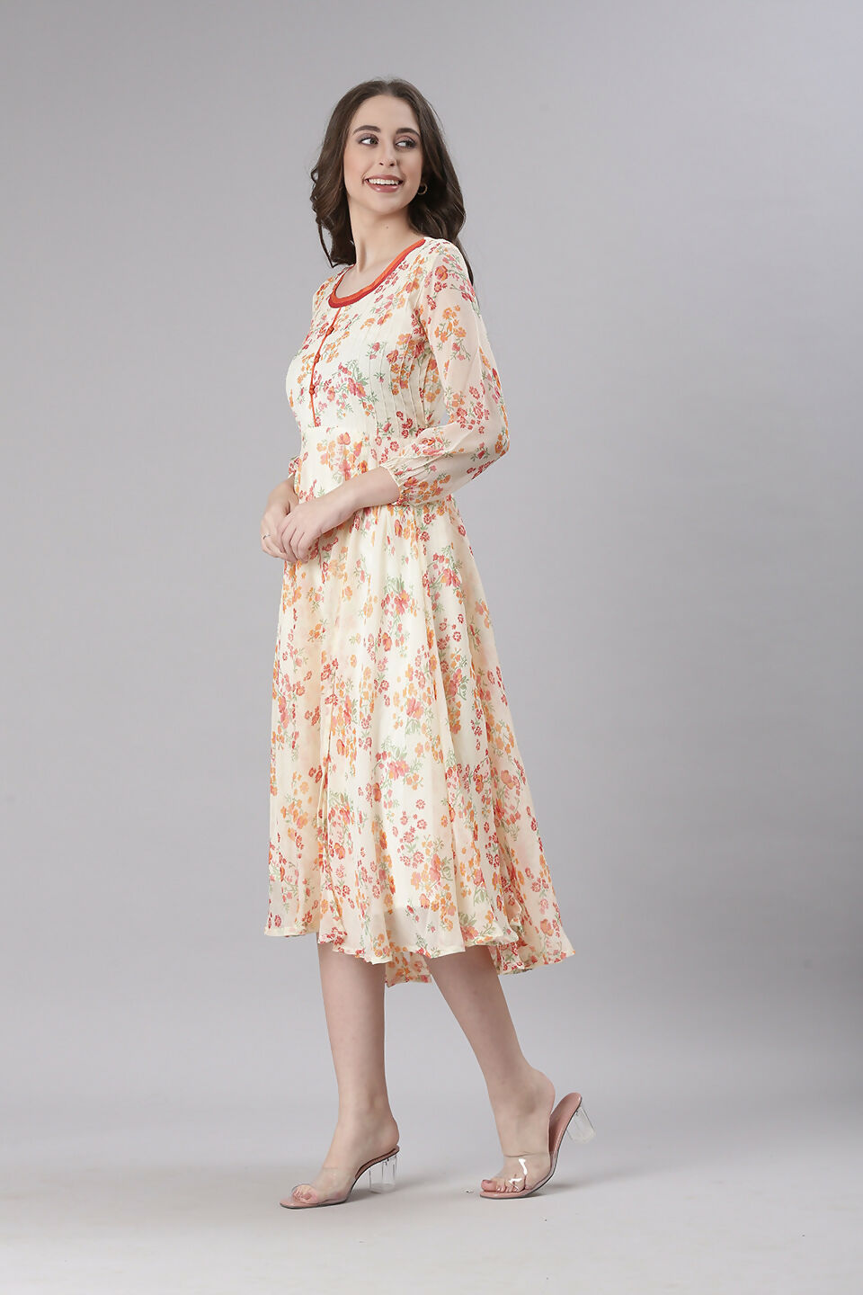 Souchii Cream Floral Printed Fit & Flare Dress | Grocsy