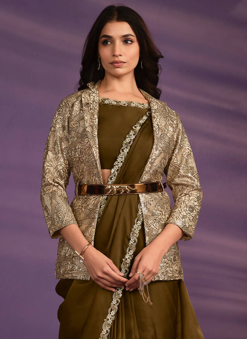 Olive Crepe Shimmer Silk Embroidered Saree With Stitched Blouse - Mohmanthan Exotica | Grocsy