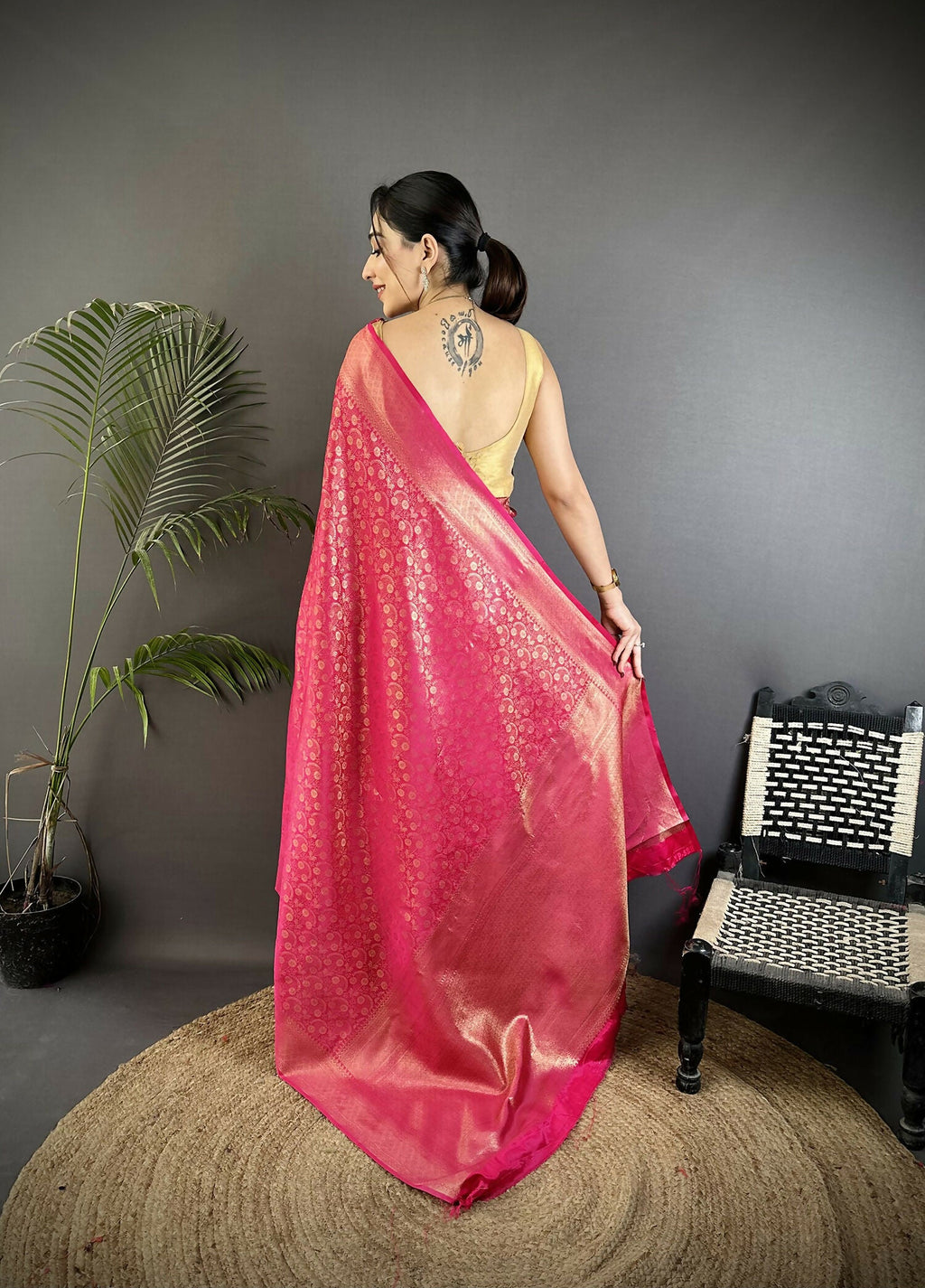 Joban Fashion Rani Pink Floral & Paisley Motifs Soft Satin Silk Banarasi Saree | Grocsy
