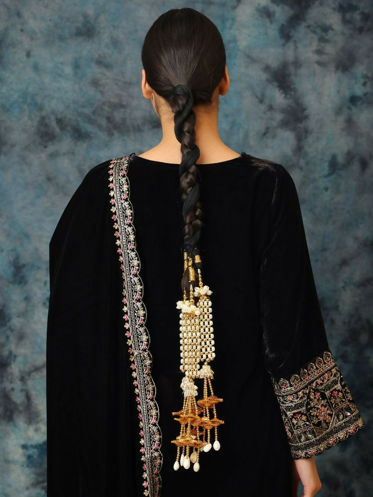 Ruby Raang Gold Gota Pati Work And Threads With Pearrls And Black Thread And Shells | Grocsy
