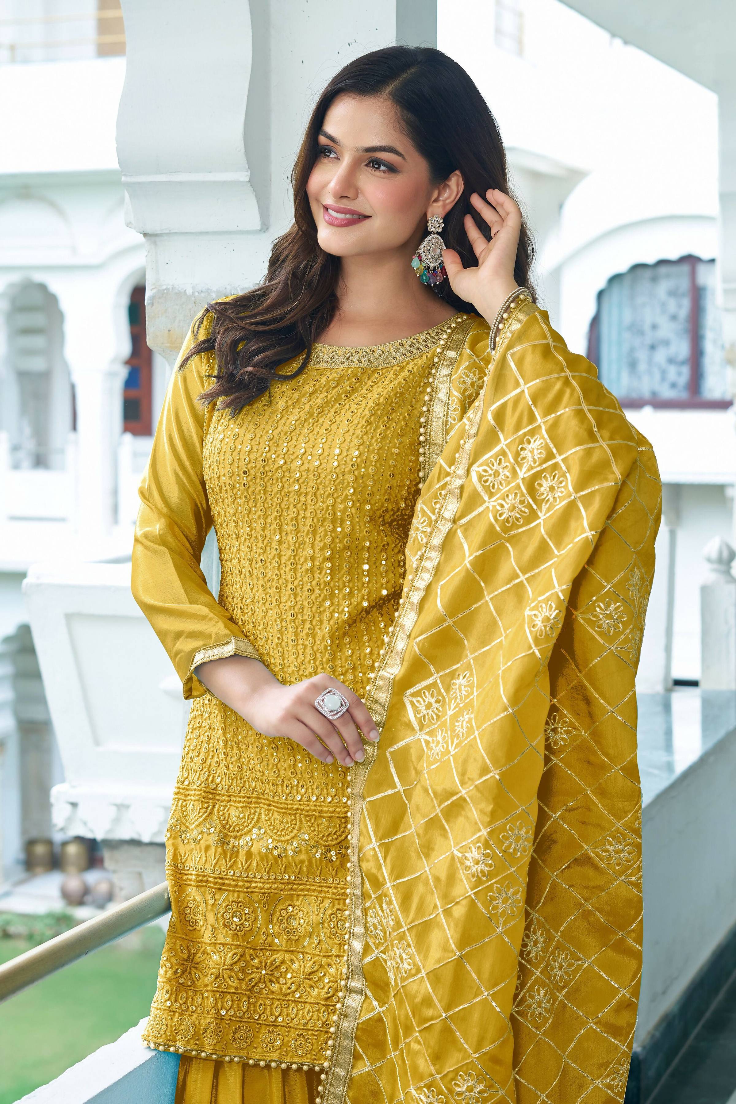 Joban Fashion Yellow Kurta Set Chinon Silk Embroidery Sequence Work | Grocsy