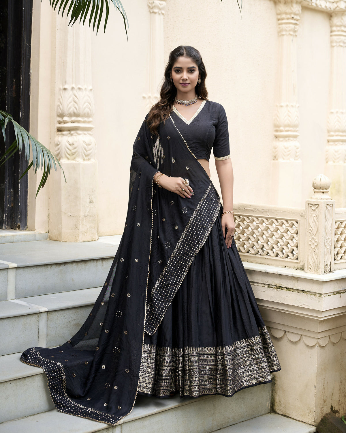 Lorenvalley Black Pure Chanderi Plain With Zari Weaving Work Border Lehenga Choli | Grocsy