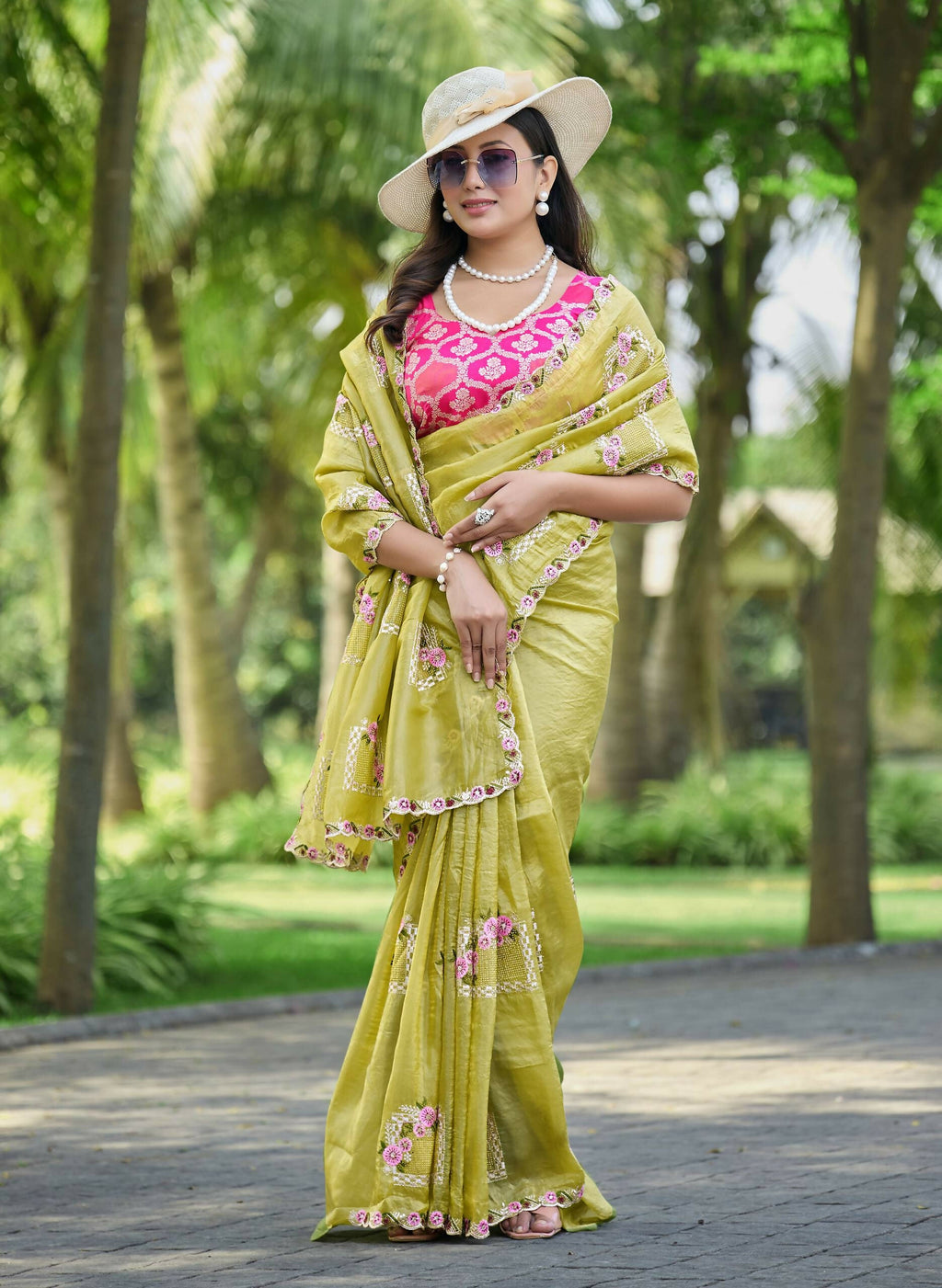 Teeya Creation Olive Color Pure Paper Silk Heavy Embroidery Work Wedding Wear Saree | Grocsy