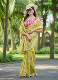 Teeya Creation Olive Color Pure Paper Silk Heavy Embroidery Work Wedding Wear Saree | Grocsy