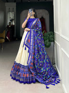 Lorenvalley Offwhite and Royalblue Tussar Silk Patola Print Lehenga Choli | Grocsy