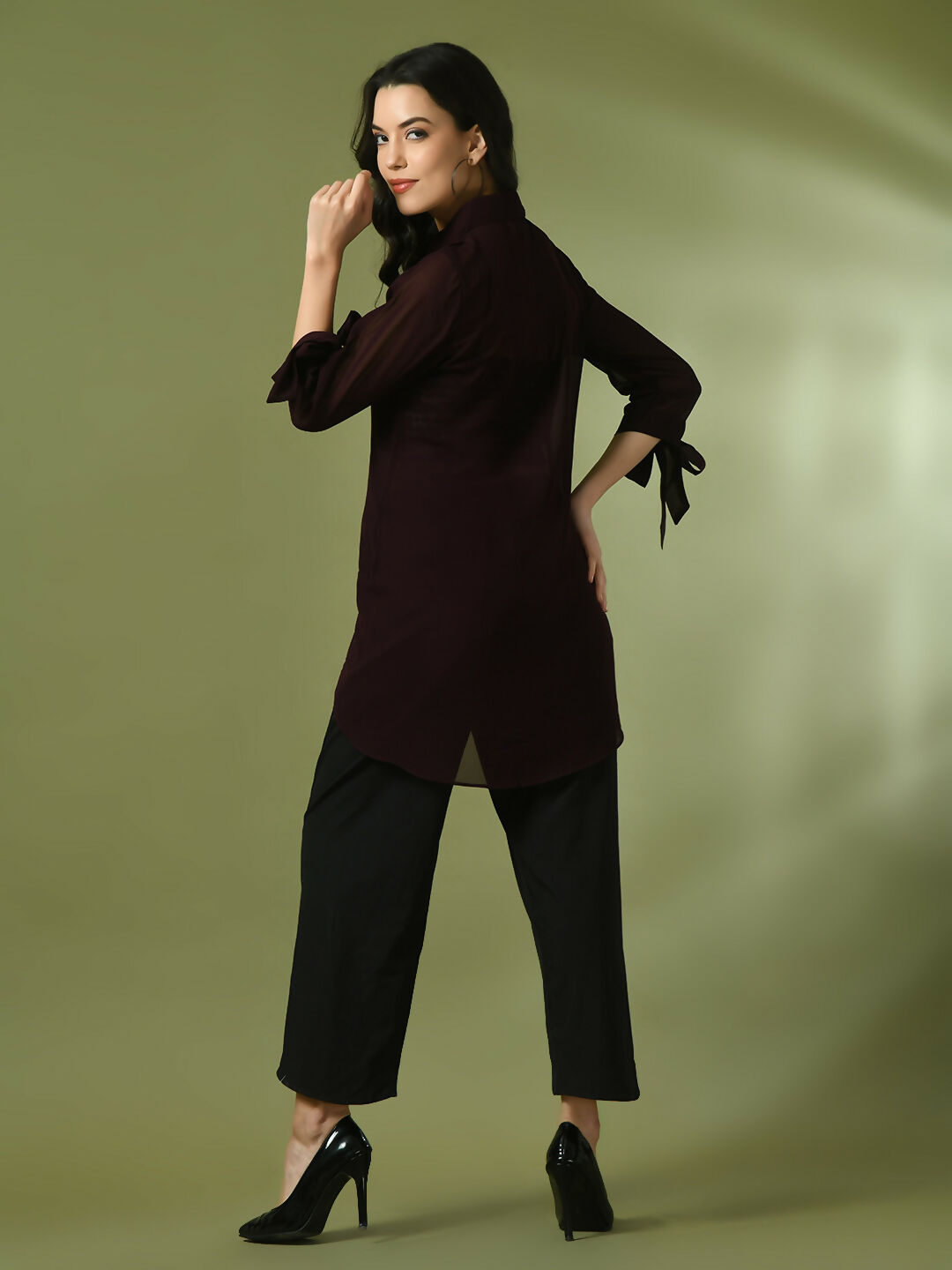 Myshka Women's Coffee Brown Solid Georgette Longline Party Sheer Tunic | Grocsy