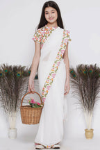 Little Bansi Floral Print Ready To Wear Saree And Floral Blouse - White | Grocsy