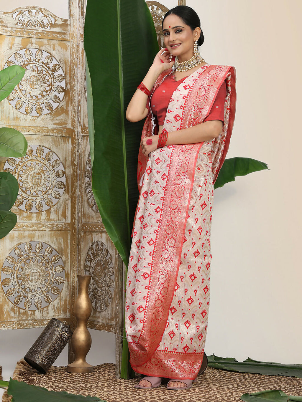 Shree Shyam Fashion Linen Cotton Red & White Saree | Grocsy