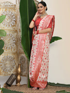 Shree Shyam Fashion Linen Cotton Red & White Saree | Grocsy