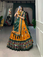Vastranavya Traditional Ikkat Patola Print Tussar Silk Lehenga Choli - Mustard | Grocsy