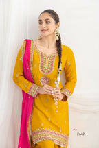 Anaita Mustard Chinon Readymade Suit with Embroidery Coding & Sequence Work | Grocsy