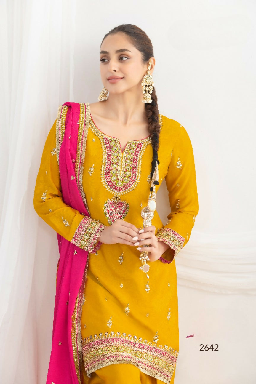 Anaita Mustard Chinon Readymade Suit with Embroidery Coding & Sequence Work | Grocsy