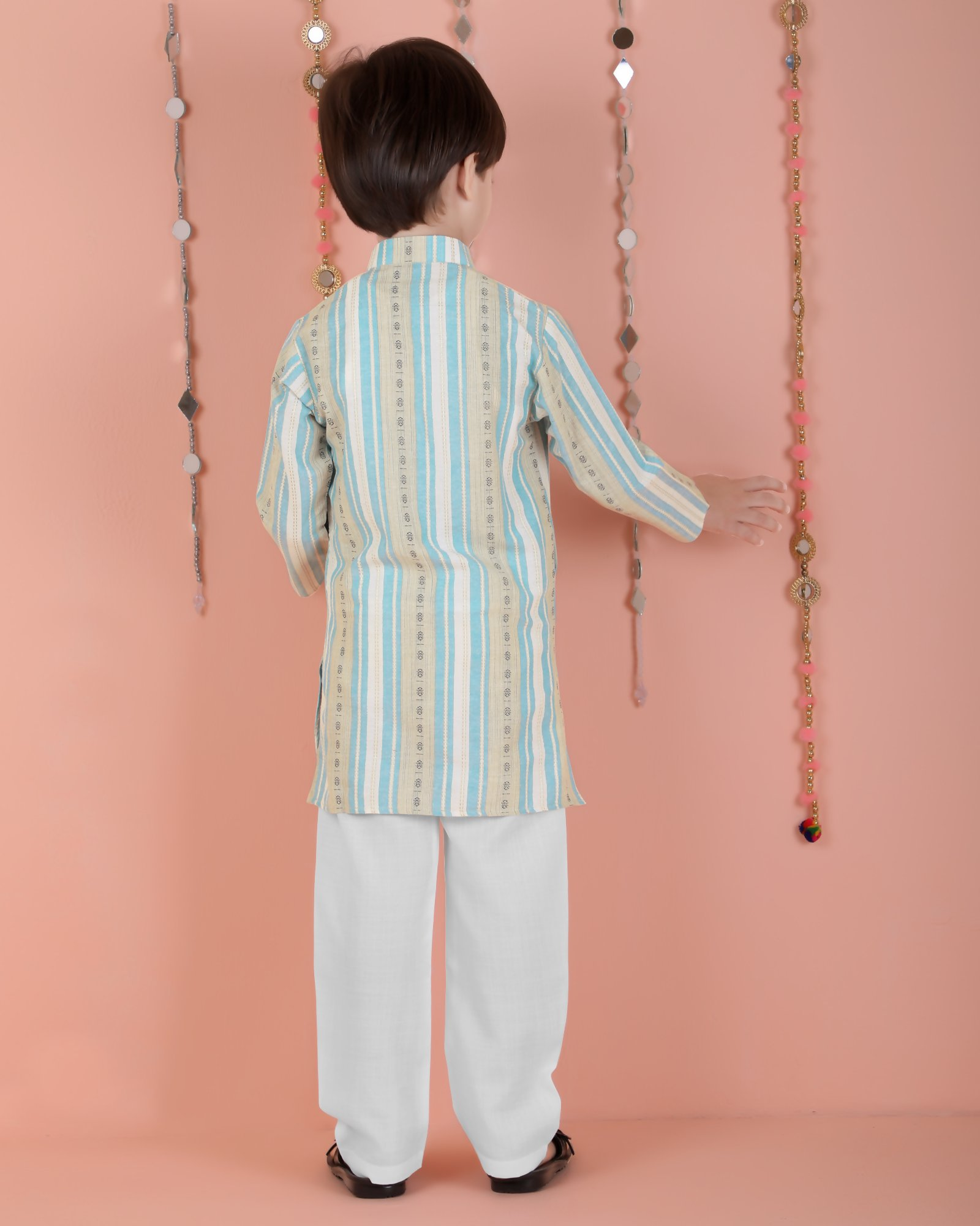 Joban Fashion Kids Island Cotton Full Sleeves Striped Kurta and Pyjama- Blue | Grocsy