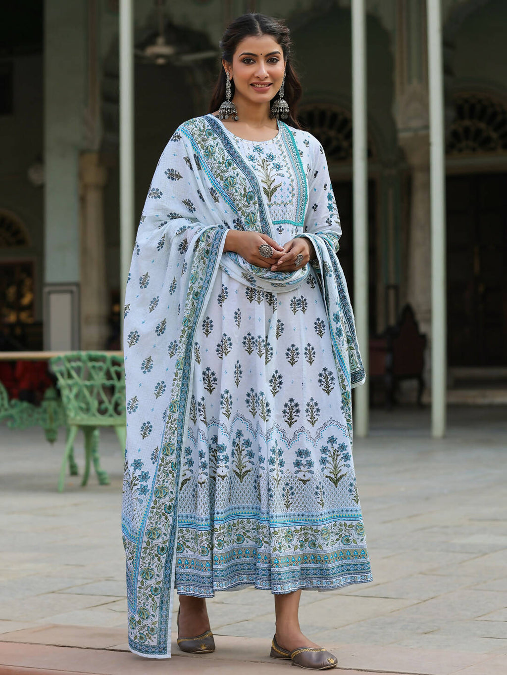 Juniper Women's Skyblue Cambric Floral Placement Kurta Dupatta Sets | Grocsy