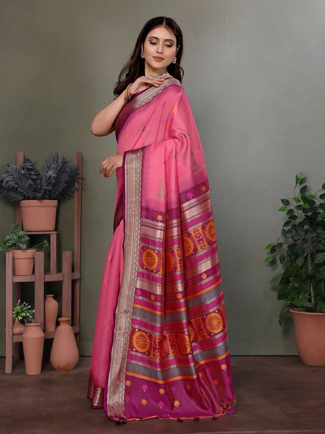 Joban Fashion Pink Floral Banarasi Silk Sarees | Grocsy