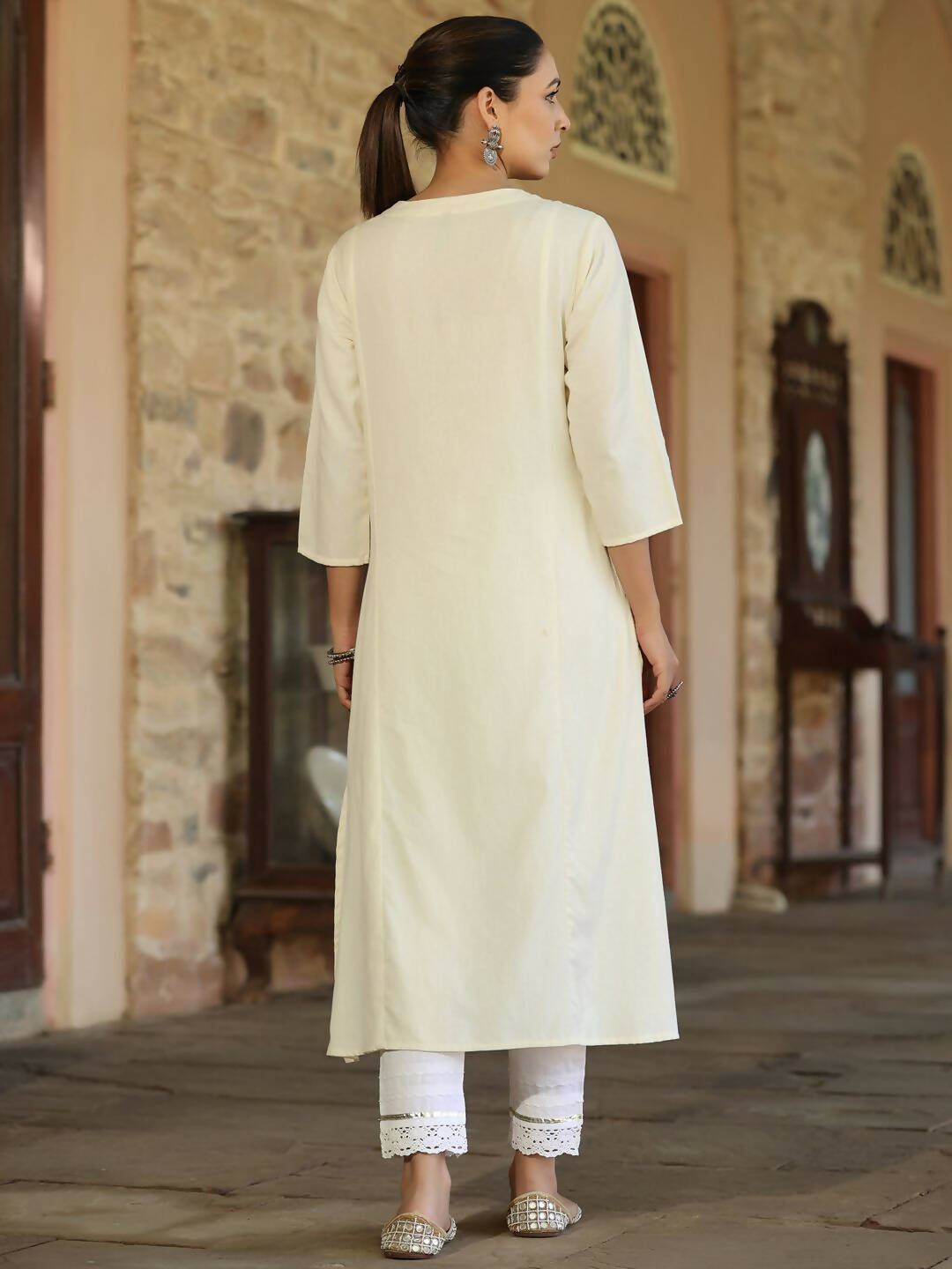 Juniper Women's Offwhite Cotton Flex Embroidered Straight Kurta | Grocsy