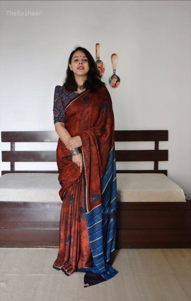 Arfa Fashion House Brick Dual Tone Silk Digital Printed Saree | Grocsy