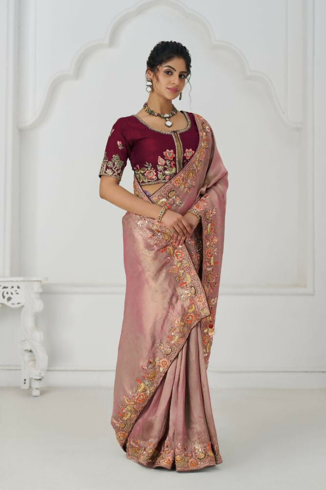Kesar Fab Prettt Pink Color With Multi-Thread And Sequins Embroidery For Wedding Saree | Grocsy