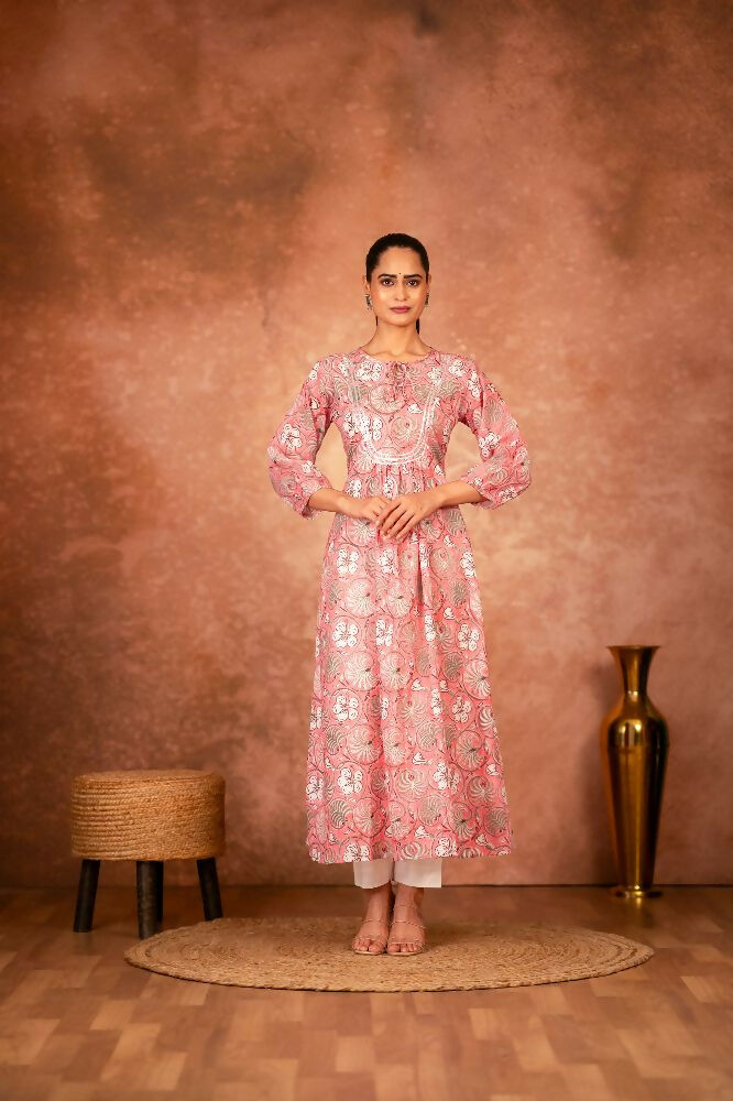 Joban Fashion Pink Floral Hand Block Printed Cotton Kurta Pant Set | Grocsy