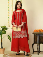 Myshka Women's Red Georgette Kurta & Skirt With Dupatta Party Sets | Grocsy