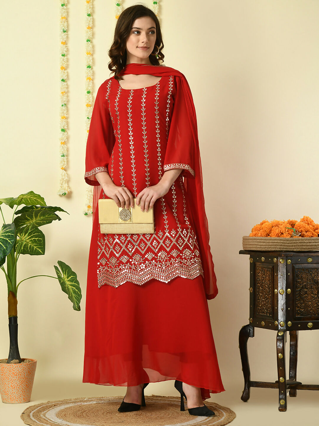 Myshka Women's Red Georgette Kurta & Skirt With Dupatta Party Sets | Grocsy