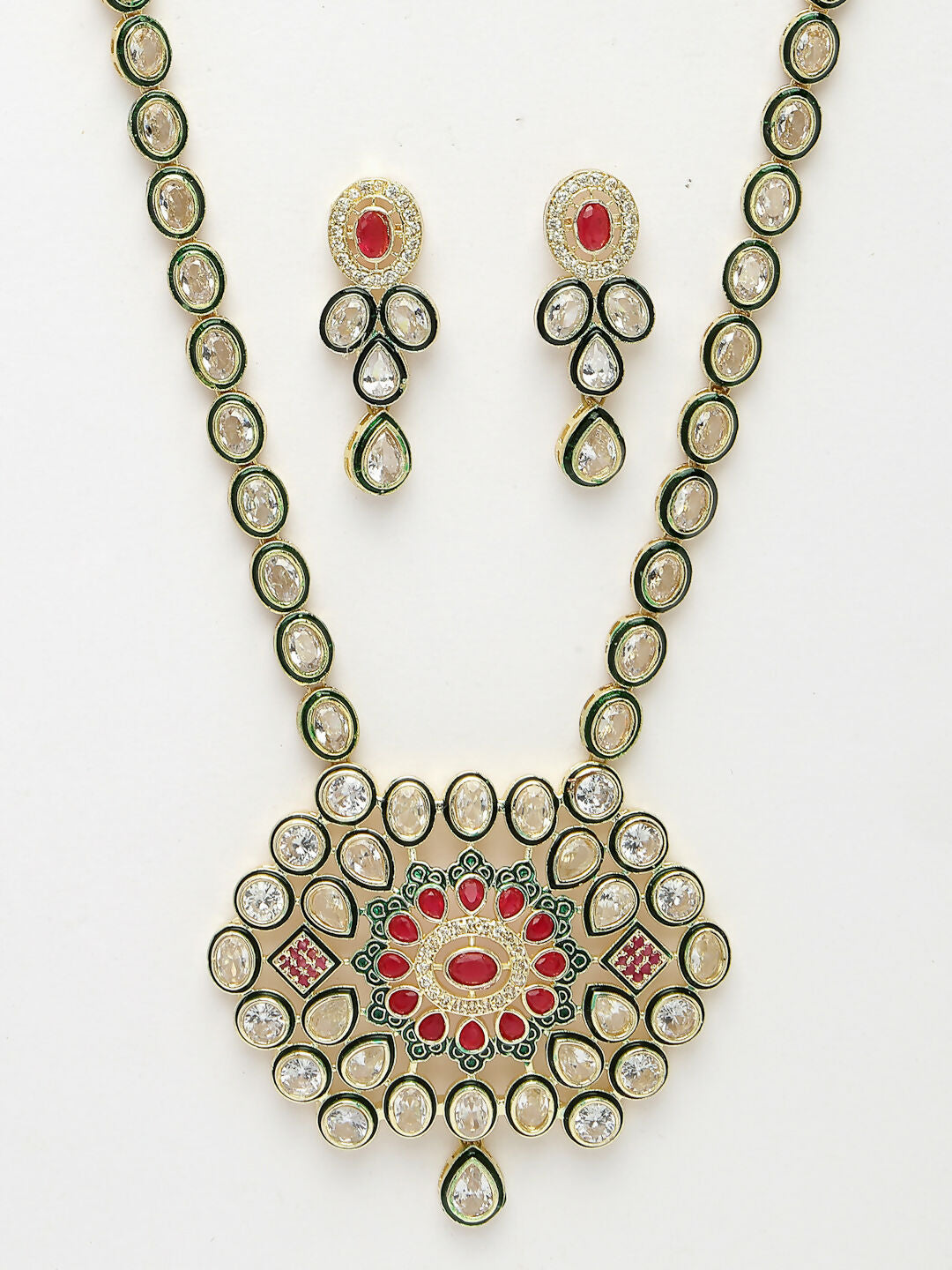 NVR Women's Red & Gold Kundan Studded Handcrafted Jewellery Set | Grocsy