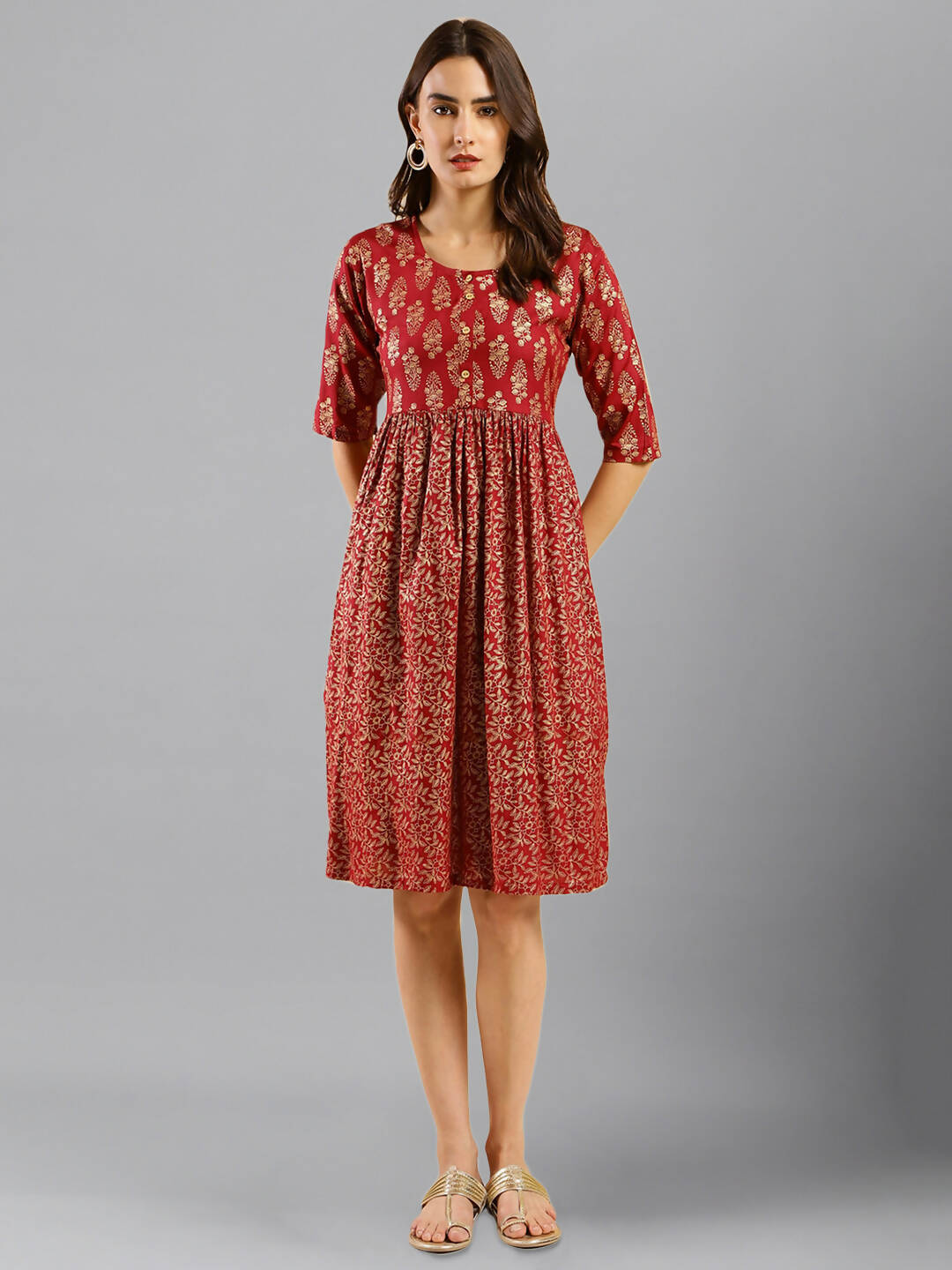Red Cotton Ethnic Motifs Aline Dress - Poonam | Grocsy
