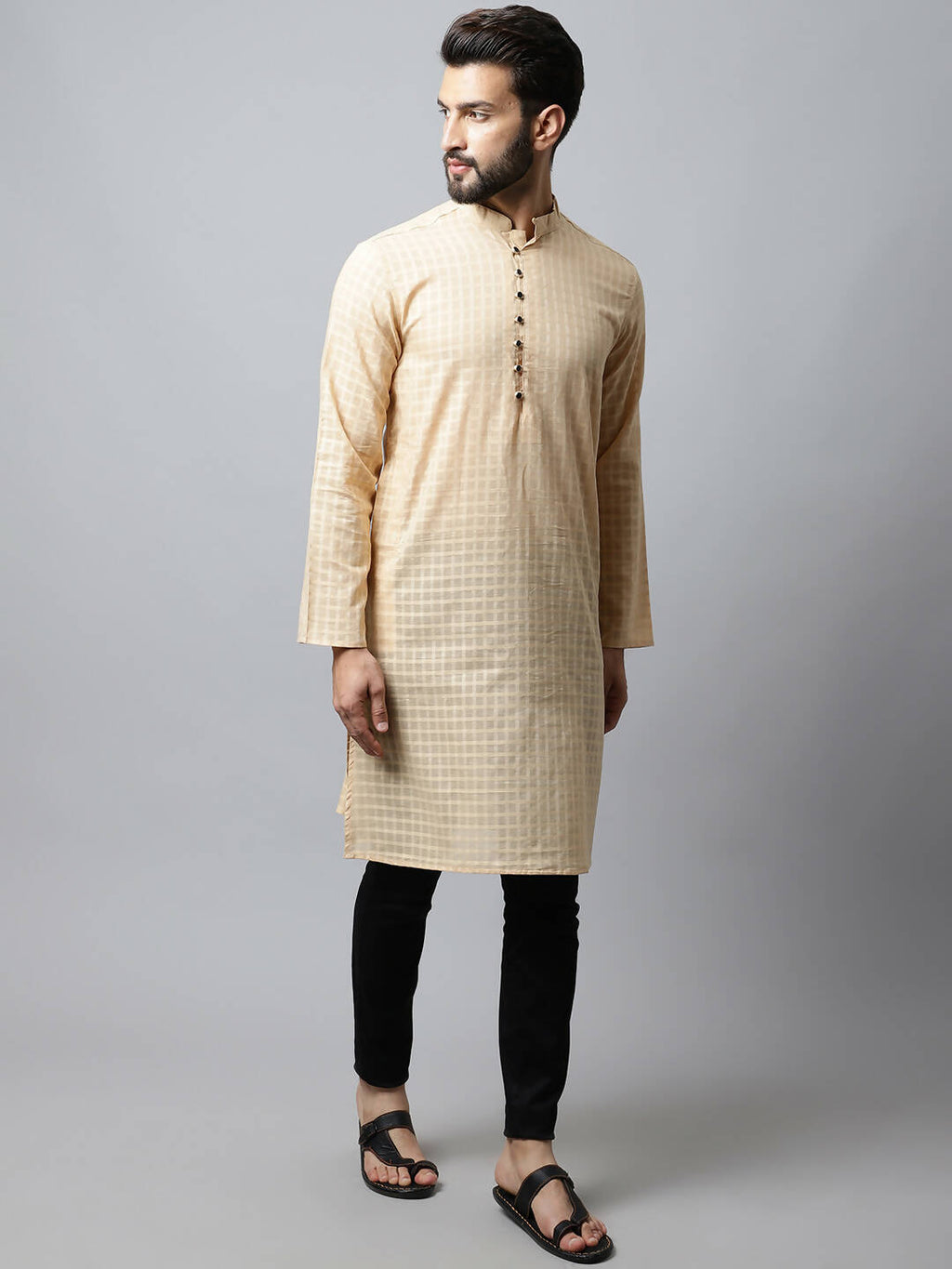 Even Apparels Beige Color Pure Cotton Men's Kurta With Side Placket (CHK1200) | Grocsy