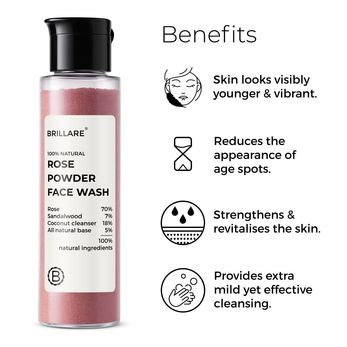 Brillare 100% Natural Rose Powder Face Wash With Anti Ageing Skin Sandalwood & Coconut | Grocsy