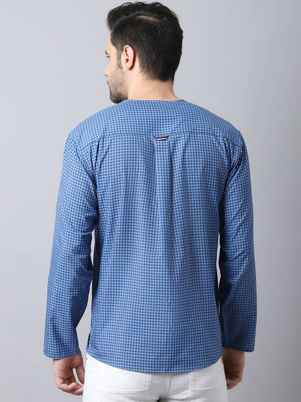 Even Apparels Blue Checked Men's Kurta With Band Collar | Grocsy