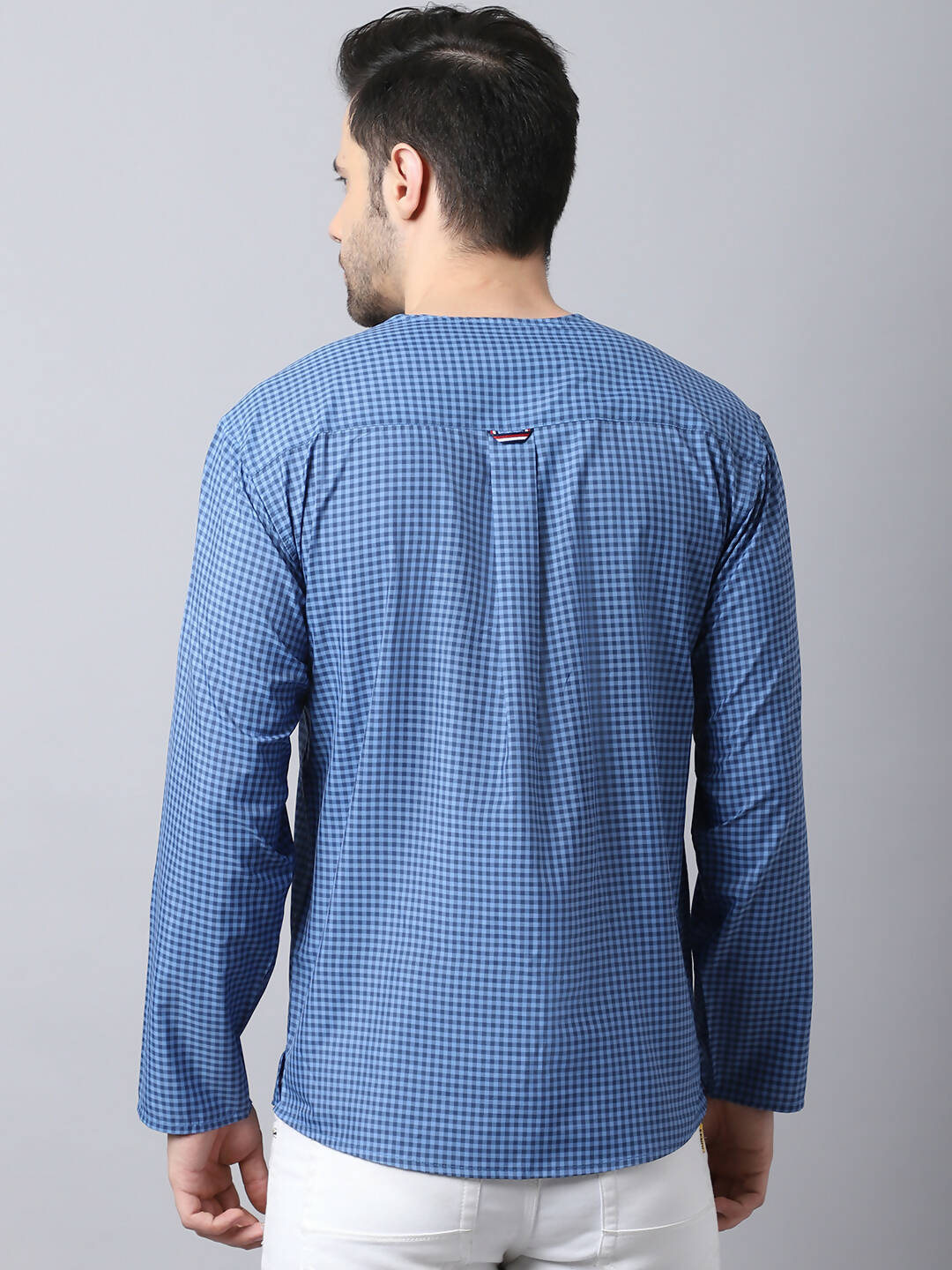 Even Apparels Blue Checked Men's Kurta With Band Collar | Grocsy