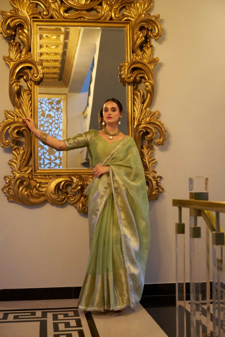 Vastranavya Pista Tissue Shimmer Zari Weaving Work Saree with Unstitched Blouse | Grocsy
